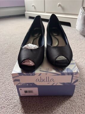 Abella Black Satin Peep-Toe Heels